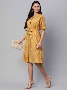 Kami Kubi - Yellow Printed Knee Length Dress with Belt