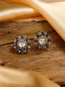 Estele - Rhodium Plated Meenakari Kundan Stud Earrings with Black Enamel for Women