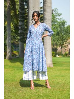 Akiso - Blue Handblock Printed Flared Kurta with Hand Embroidery Detail