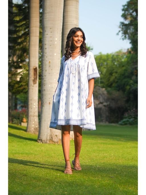 Buy Akiso White Hand Block Printed Fit and Flare Short Dress Online