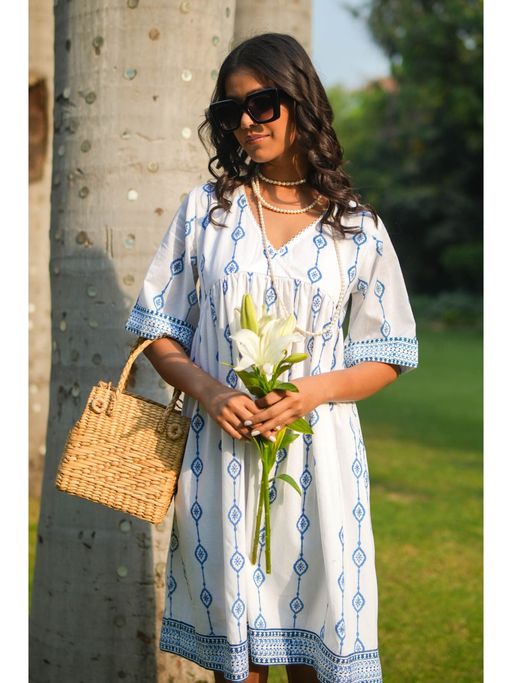 Buy Akiso White Hand Block Printed Fit and Flare Short Dress Online