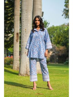 Akiso - Blue Block Printed Oversized Co-Ord (Set of 2)
