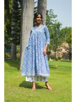 Akiso - Blue Hand Block Printed Kurta with Pants (Set of 2)