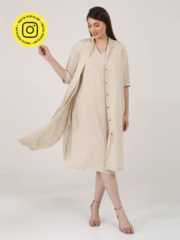 Saltpetre - Women Linen Solid Beige Midi Dress With Long Shirt (Set of 2)