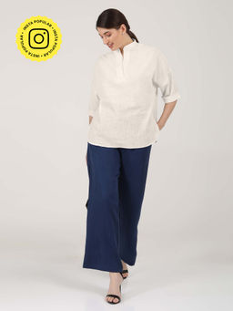 Saltpetre - Women Solid White Kimino Top With Navy Pants (Set of 2)