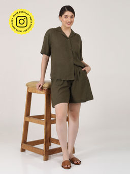 Saltpetre - Women Linen Solid Olive Cuban Collar Shirt With Shorts (Set of 2)