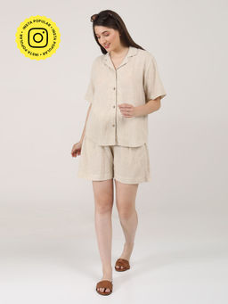 Saltpetre - Women Linen Solid Beige Cuban Collar Shirt With Shorts (Set of 2)