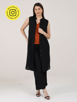 Saltpetre - Women Solid Black Long Shirt & Pants Autumn Rust V-Neck Top (Set of 3)
