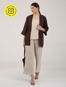 Saltpetre - Women Solid Linen Coffee Brown Overlay With Beige Slip Top & Pants (Set of 3)