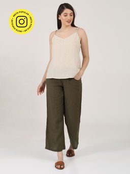 Saltpetre - Women Linen Solid Beige Slip Top With Olive Pants (Set of 2)