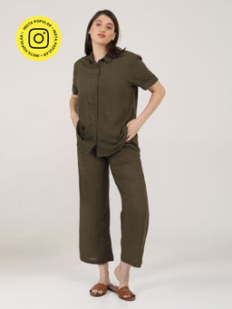 Saltpetre - Women Linen Solid Olive Shirt With Pants (Set of 2)
