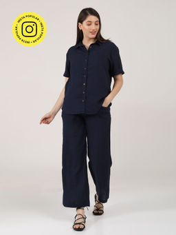 Saltpetre - Women Linen Solid Navy Shirt With Pant (Set of 2)