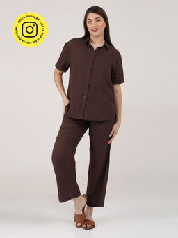 Saltpetre - Women Linen Solid Coffee Brown Shirt With Pant (Set of 2)