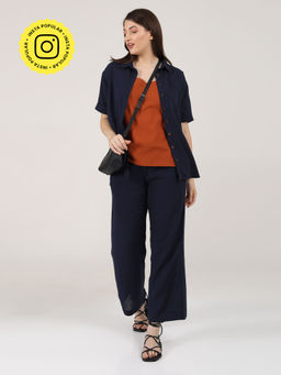 Saltpetre - Women Solid Autumn Rust Slip Top With Navy Shirt & Pants (Set of 3)