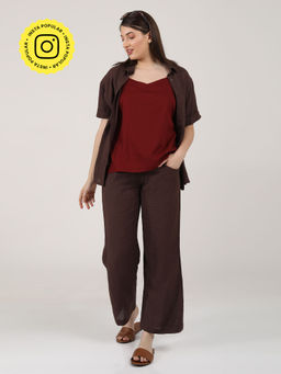 Saltpetre - Women Solid Coffee Shirt With Pants & Maroon Slip Top (Set of 3)
