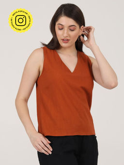 Saltpetre - Women Organic Cotton Solid Autumn Rust V-Neck Top