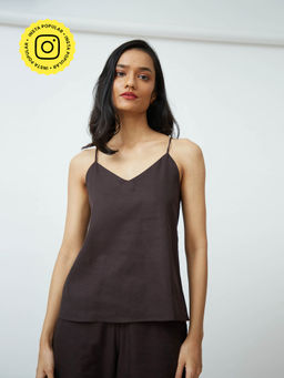 Saltpetre - Women Tencel Solid Coffee Brown Slip Top