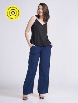 Saltpetre - Women Solid Tencel Navy Slip Top With Corduroy Long Leg Pants 2 Pieces (Set of 2)