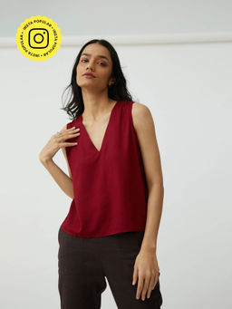 Saltpetre - Women Modal Solid Maroon V-Neck Top