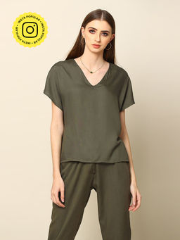 Saltpetre - Women Solid Modal Olive Dolman Sleeve Top