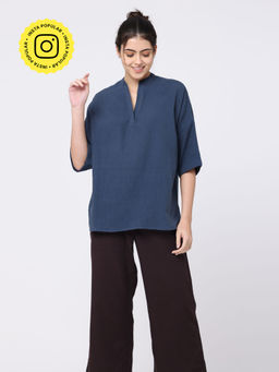 Saltpetre - Women Organic cotton Solid Navy Blue Kimono Top
