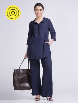 Saltpetre - Women Linen Solid Navy Tunic With Pants (Set of 2)