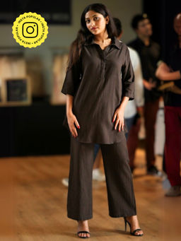 Saltpetre - Women Linen Solid Coffee Brown Tunic With Pants (Set of 2)