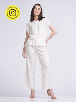 Saltpetre - Women Solid Cream Half Placket Top With Pants (Set of 2)