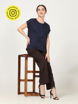Saltpetre - Women Solid Navy Half Placket Top With Coffee Brown Pants (Set of 2)