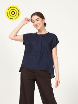 Saltpetre - Women Solid Navy Linen Half Placket Top