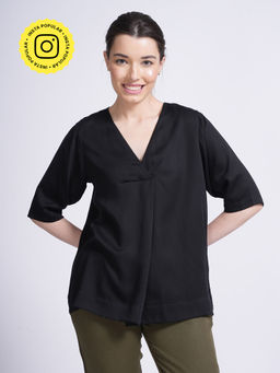 Saltpetre - Women Solid Modal Black Front Pleat Top