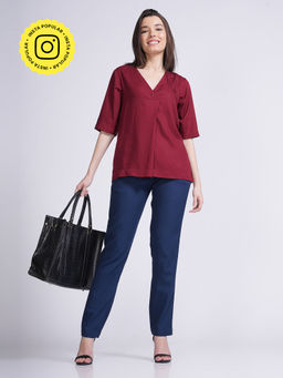 Saltpetre - Women Solid Maroon Top With Navy Pants (Set of 2)