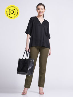 Saltpetre - Women Solid Black Top With Olive Pants (Set of 2)