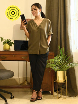 Saltpetre - Women Solid Olive Top With Black Pants (Set of 2)