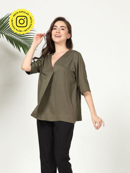 Saltpetre - Women Solid Modal Olive Front Pleat Top