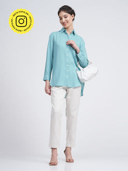 Saltpetre - Women Solid Blue Shirt With Cream Pants (Set of 2)