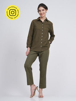 Saltpetre - Women Solid Olive Shirt With Pants (Set of 2)