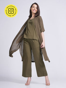 Saltpetre - Women Solid Olive Slip Top With Long Shirt & Pant (Set of 3)