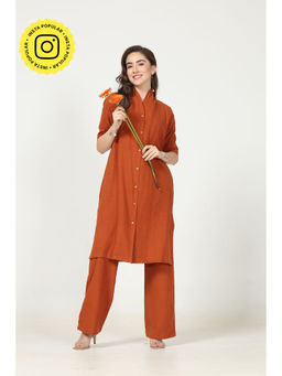 Saltpetre - Women Organic Cotton Solid Autumn Rust Long Shirt With Pant (Set of 2)