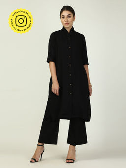 Saltpetre - Women Linen Solid Black Long Shirt With Pant (Set of 2)