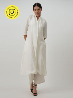 Saltpetre - Women Linen Solid Cream Long Shirt With Pant (Set of 2)