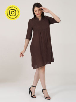 Saltpetre - Women Linen Solid Coffee Brown Panelled V-Neck Dress