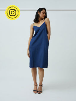 Saltpetre - Women Tencel Solid Navy Blue Slip Dress