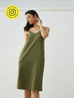 Saltpetre - Women Tencel Solid Olive Slip Dress