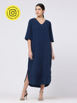 Saltpetre - Women Tencel Solid Navy Blue Dress