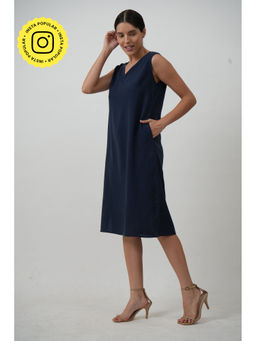 Saltpetre - Women Linen Solid Navy Blue Midi Dress