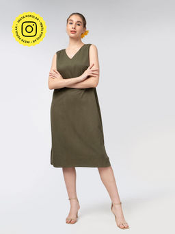 Saltpetre - Women Linen Solid Olive Midi Dress