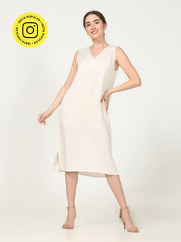 Saltpetre - Women Linen Solid Cream Midi Dress