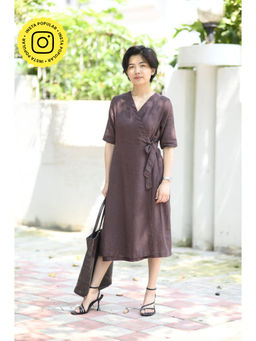 Saltpetre - Women Linen Solid Coffee Brown Wrap Dress