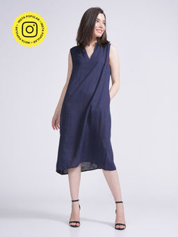 Saltpetre - Women Linen Solid Navy A-Line Dress